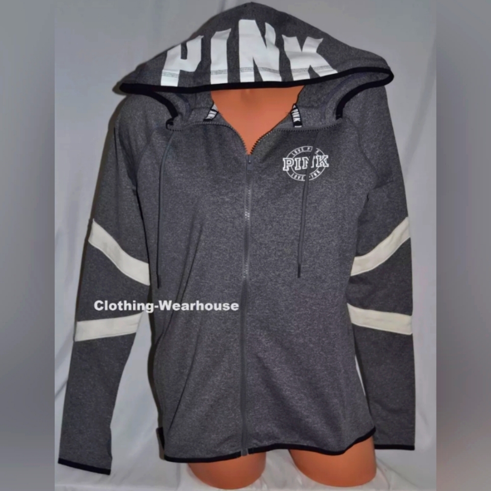Victoria's Secret PINK Ultimate Stretch Fleece Full Zip Logo Hoodie Gray Medium